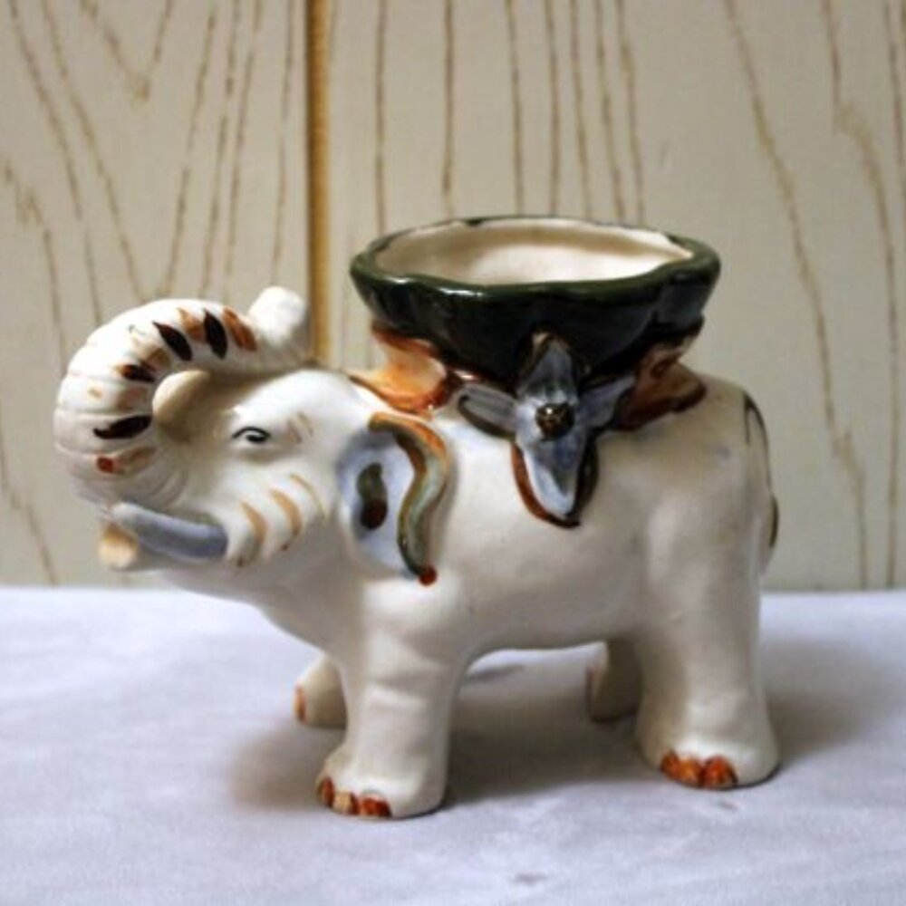 Vintage Elephant Planter Figurine - Trunk Up - Marked Japan